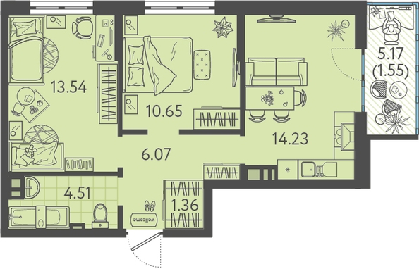Планировка 2-комн 51,91 м²