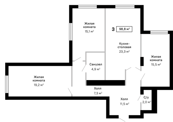 Планировка 3-комн 98,8 м²