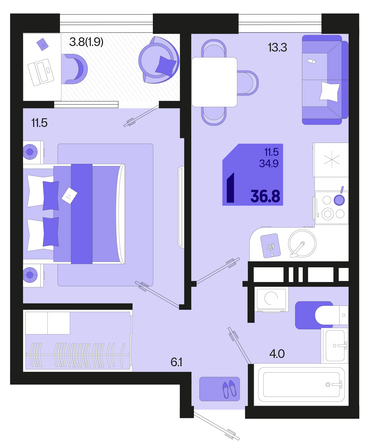 Планировка 1-комн 36,8 м²