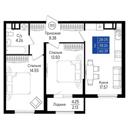 Планировка 2-комн 60,39 м²