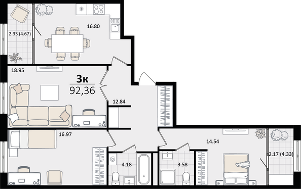 Планировка 3-комн 92,36 м²