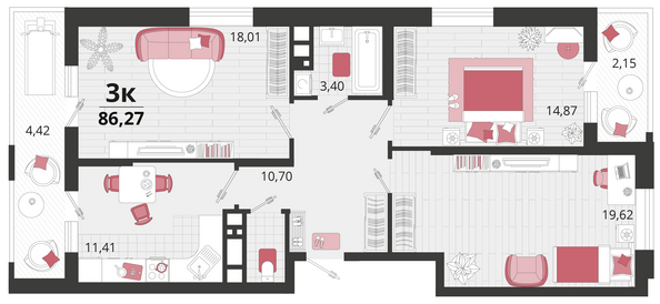 Планировка 3-комн 86,27 м²