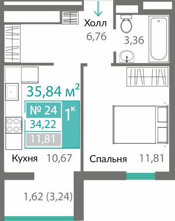 Планировка 1-комн 34,22, 34,74 м²