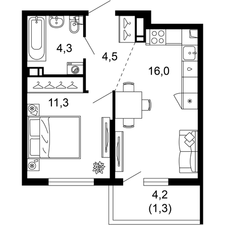 Планировка 1-комн 37,4 м²