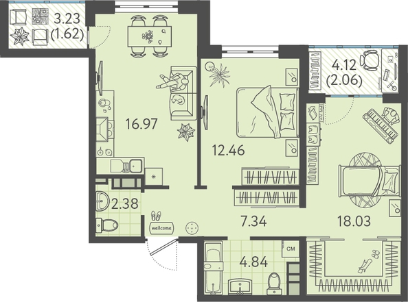 Планировка 2-комн 65,7 м²