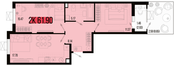 Планировка 2-комн 61,9 м²