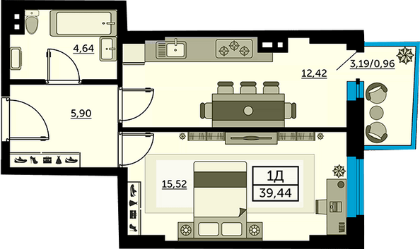 Планировка 1-комн 38,98, 39,1 м²