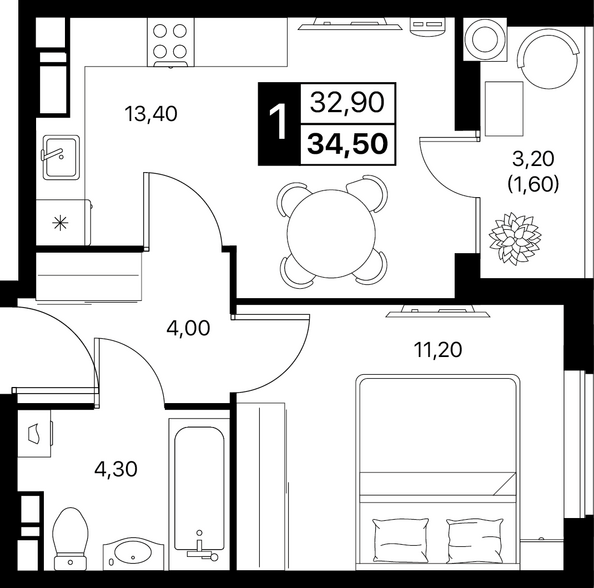 Планировка 1-комн 34,5 м²