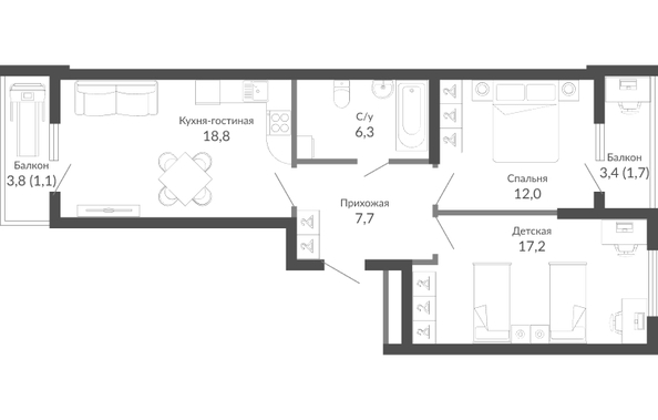 Планировка 2-комн 64,8 м²