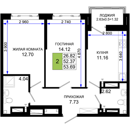 Планировка 2-комн 53,69 м²