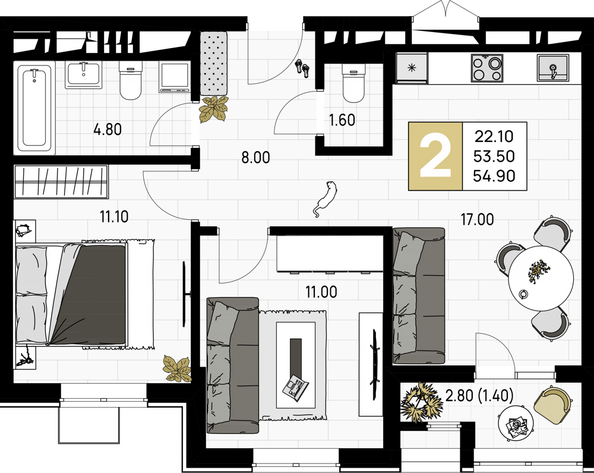 Планировка 2-комн 54,9 м²
