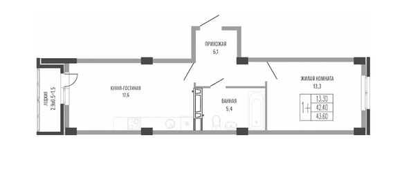Планировка 1-комн 43,6 м²