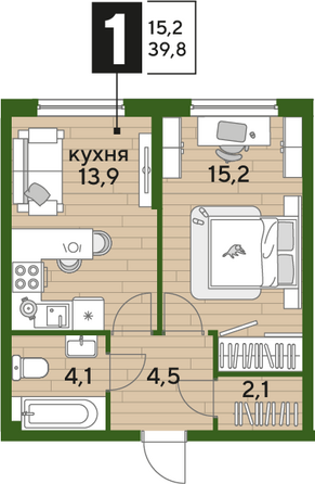 Планировка 1-комн 39,8 м²