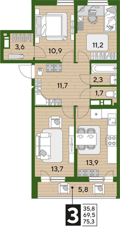 Планировка 3-комн 75,3 м²