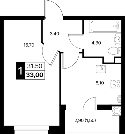 Планировка 1-комн 33 м²