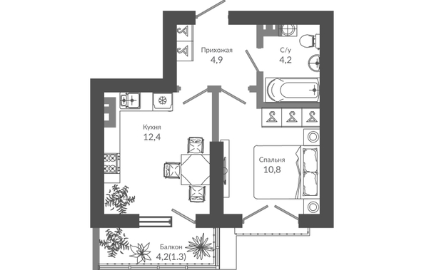 Планировка 1-комн 33,6 м²