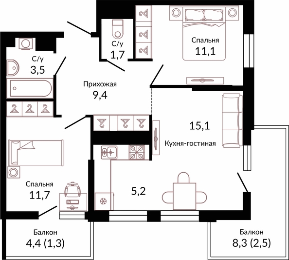 Планировка 2-комн 61,5 м²
