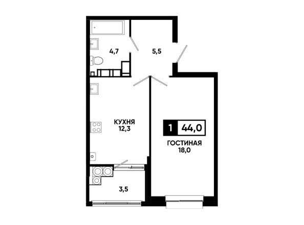 Планировка 1-комн 44, 44,1 м²