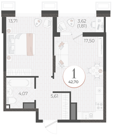 Планировка 1-комн 42,7 м²