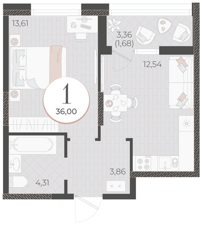 Планировка 1-комн 36 м²