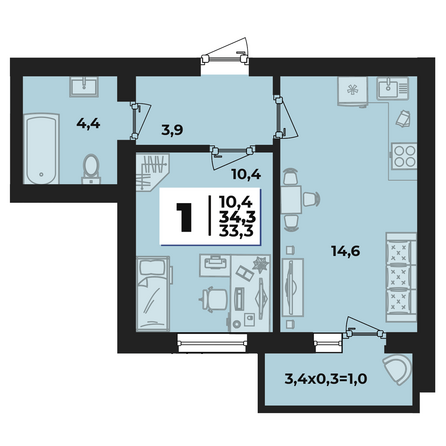 Планировка 1-комн 34,3 м²