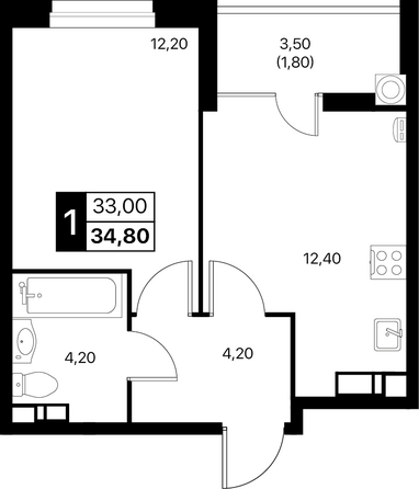 Планировка 1-комн 34,8 м²