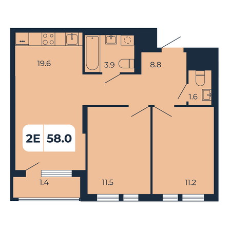 Планировка 2-комн 58 м²