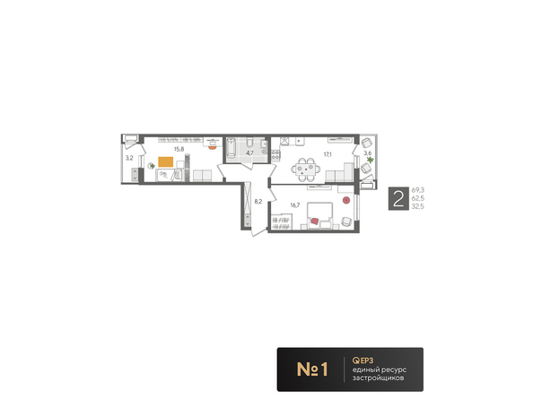 Планировка 2-комн 69,3 м²