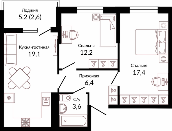Планировка 2-комн 61,3 м²