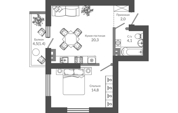 Планировка 1-комн 42,6 м²