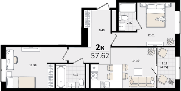 Планировка 2-комн 57,62 м²