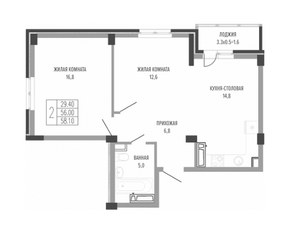 Планировка 2-комн 58,1 м²