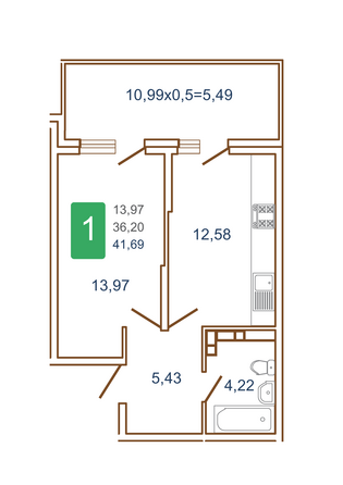 Планировка 1-комн 41,69 м²