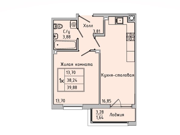 Планировка 1-комн 39,29 - 39,88 м²