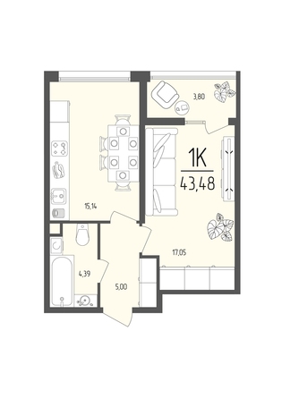 Планировка 1-комн 43,48 м²