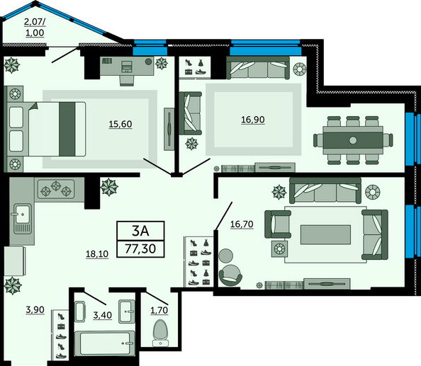 Планировка 3-комн 76,85 м²