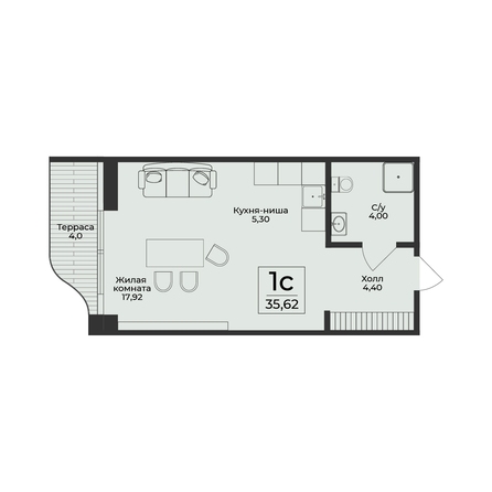 Планировка 1-комн 35,62 м²