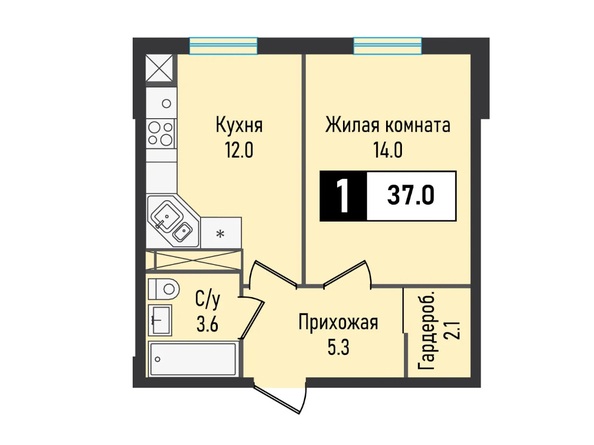 Планировка 1-комн 37 м²