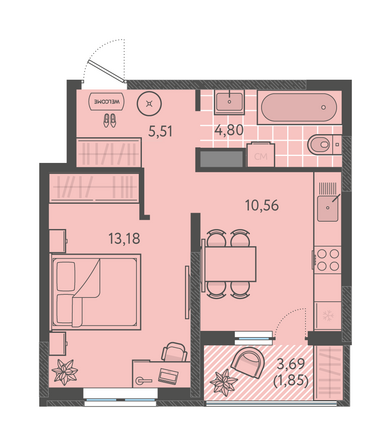 Планировка 1-комн 35,9 м²