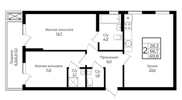 Планировка 2-комн 69,8 м²
