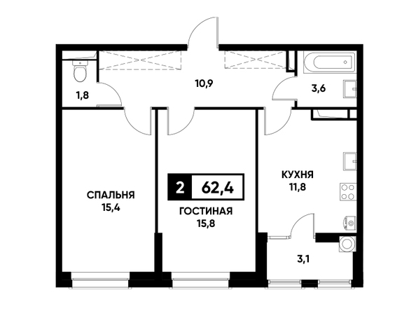 Планировка 2-комн 62,4 м²