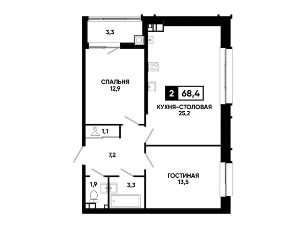 Планировка 1-комн 68 - 68,5 м²