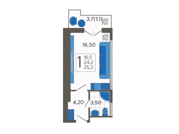 Планировка 1-комн 25,3 м²