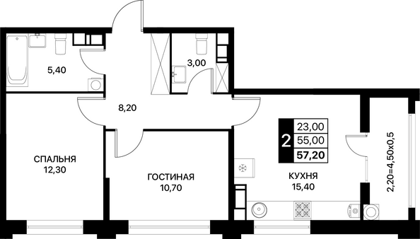 Планировка 2-комн 57,2 м²