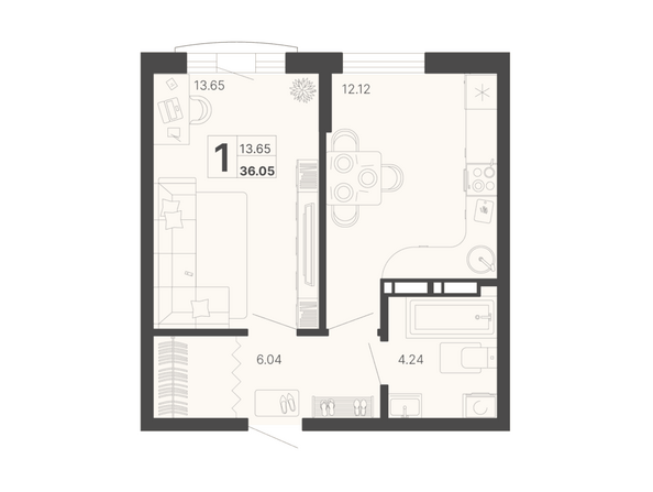Планировка 1-комн 36,02, 36,05 м²