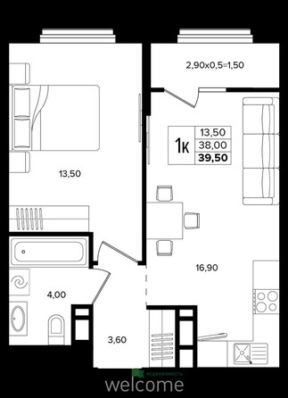 Планировка 1-комн 39,5 м²