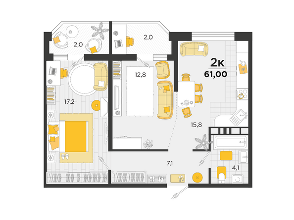 Планировка 2-комн 61 м²