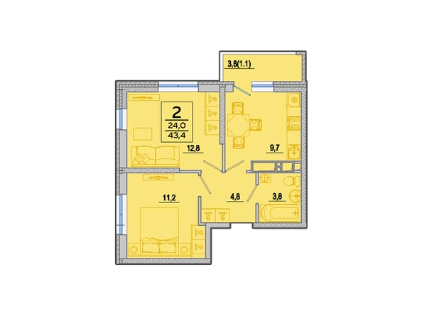 Планировка 2-комн 43,4 м²