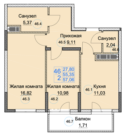 Планировка 2-комн 57,06 м²