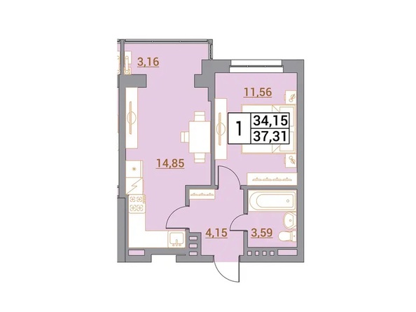 Планировка 1-комн 35,94, 37,2 м²